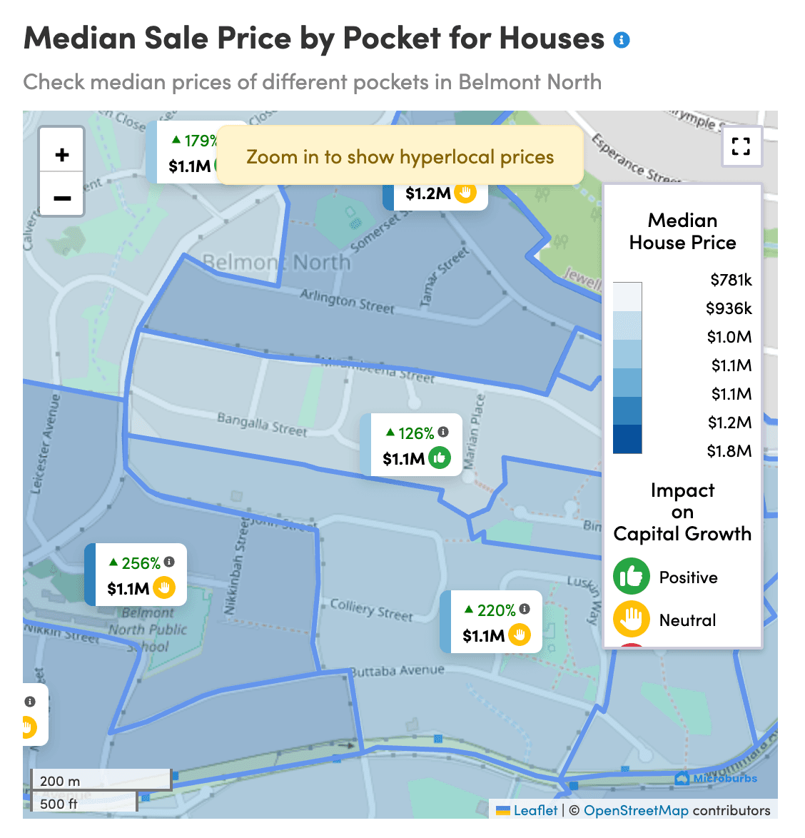 Pocket median prices map for Belmont North showing block-level data