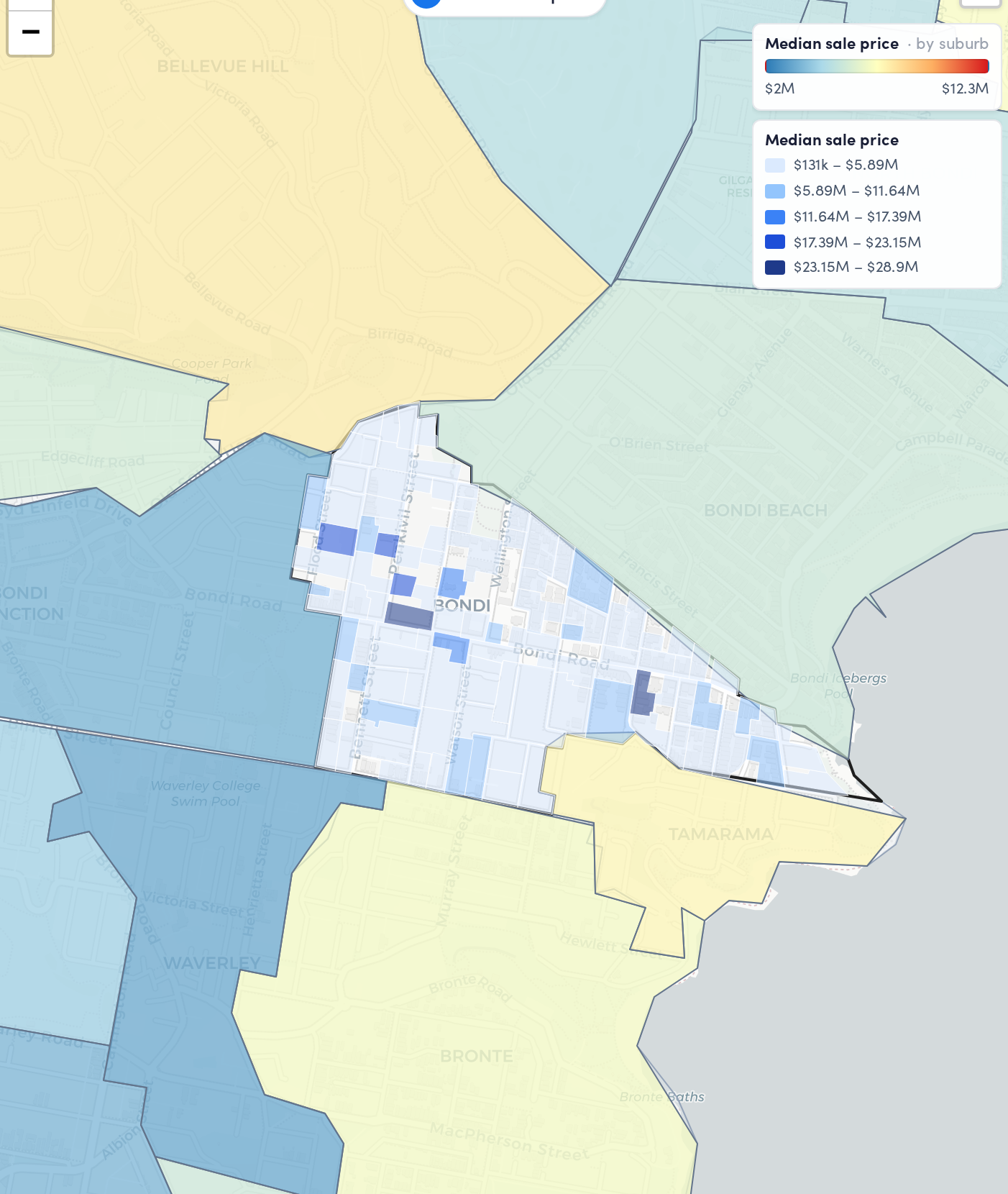 Map of Bondi broken into microburbs, each coloured by its own median sale price, with neighbouring suburbs shaded at suburb level